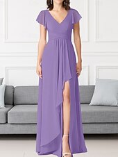 economico Abiti da damigella-Abito da damigella a trapezio, scollo a V, maniche lunghe, elegante, strascico a ruota in chiffon con pieghe e volant 2025