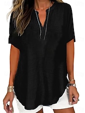 ieftine Topuri simple pentru femei-Pentru femei Bluză Culoare solidă Elegant Casual Manșon scurt În V Topuri obișnuite Zilnic Concediu Negru Alb Roz Îmbujorat Albastru piscină Trifoi Vară Primăvară