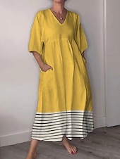 ieftine Rochii cu dungi și geometrice-Pentru femei Rochii Midi Rochie de Vară Rochie A line Vacanță Casual Boho Ieșire Plajă Grafic Geometric Lungime Manșon 3/4 În V Galben Alburiu Vară Primăvară