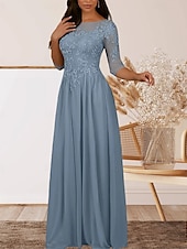 baratos Comprimento do chão-Vestido para Mãe da Noiva em A Convidada de Casamento Elegante Decote Redondo Comprimento até o Chão Chiffon Manga Curta com Pregas e Apliques