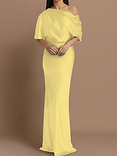 preiswerte GRÜN-Etui Kleid Mutter der Braut Hochzeitsgast Formelles Abendkleid Elegante Party Schulterfrei Zug-Länge Satin Halbelängliche Ärmel mit Raffung.
