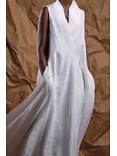economico Vestiti-Per donna Abito Lungo Maxi Abito Abiti ispirati al lino Abito Bianco Vestito da Festa Abito in cotone e lino Moda Feste Compleanno Vestibilità regolare Semplice Senza Maniche Scollo a V Bianco Estate