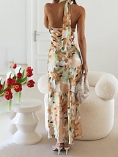 cheap Print Floral Dresses-Women's Long Dress Maxi Dress Floral Dress Halter Neck Dress Fashion Modern Vacation Going out Weekend Regular Fit Flower Sleeveless Halter Neck Yellow Pink Green Summer