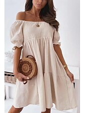 abordables Robes décontractées blanches-Femmes Mini Robe Robe Décontractée Robe d&#039;été Basique Moderne Quotidien Week-end Coupe régulière Uni Manche Courte Épaules Dénudées Noir Blanche Abricot Été