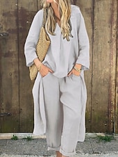 abordables Ensembles-Femmes Actif Chemises en coton et lin Chemisier Ensembles de Pantalons manche longue Col en V Couleur Unie Fête Week-end Noir Blanche Jaune Été Coupe régulière