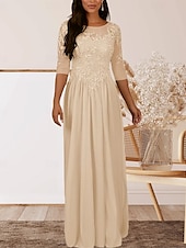 baratos Comprimento do chão-Vestido para Mãe da Noiva em A Convidada de Casamento Elegante Decote Redondo Comprimento até o Chão Chiffon Manga Curta com Pregas e Apliques