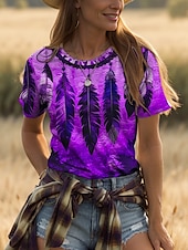 billige Boho t-skjorte-Dame T skjorte Nyanse Grafisk Årgang Stilfull Klassisk Kortermet Crew-hals Rund hals Vanlige topper Daglig Helg Trykt mønster Gul Rød Blå Lilla Grønn Sommer Vår
