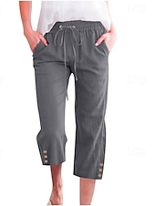 baratos Calça de linho de algodão simples-Mulheres Calças de linho de algodão Calças Capri Calças Moda Roupa de rua Comprimento da panturrilha Natural Tecido Bolsos Design de cordão elástico Confortável Exterior Rua Para Noite clarete Azul