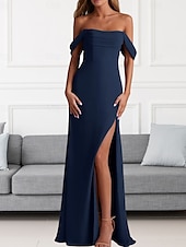 economico Abiti da damigella-Abito da Damigella A-Line Collo a V Manica Lunga Elegante Treno di Spazzata  Strascico Chiffon con Pieghe  Volant