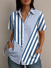 abordables Tops à Rayures et Géométriques pour Femmes-Femmes Chemise Graphique Géométrique Rayé ancien Élégant Occasionnel Manche Courte Col de chemise Hauts Réguliers Quotidien Rouge Bleu Vert Été Printemps