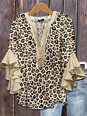 tanie Dzień Niepodległości Top-Amerykańska bluzka damska z grafiką lamparta boho vintage codzienna 3/4 długości rękaw falbaniasty dekolt w kształcie litery V regularne topy codzienny urlopowy strój nadruk żółty jasnozielony różowy