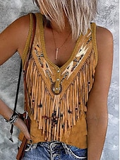 levne Boho tílko-Dámské Tílko do košilky Grafika Barevné bloky Čechy stylové Západní Bez rukávů Bez rukávů Do V Crop Tops Denní Dovolená Jdeme ven Tisk Trávová zelená Khaki Léto Jaro