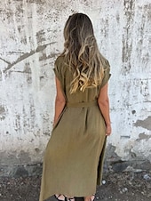 abordables concevoir des robes en coton et lin-Femmes Robe Longue Maxi Robe Robes en coton et lin Robe Décontractée Robe d&#039;été Mode Basique Moderne Quotidien Week-end Coupe régulière Uni Manche Courte Col en V Blanche Chameau Été
