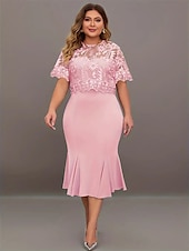 economico Lunghezza del tè-Abito madre della sposa abito elegante scollo a girotea lunghezza tè pizzo maniche corte con colore solido