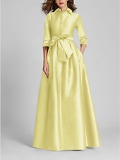 preiswerte GELB-A-Linien-Abendkleid Champagner Gold Minimalistisches Kleid Formal Hochzeitsgast Bodenlang Halber Ärmel Hemdkragen Satin mit Schleife(n) Falten