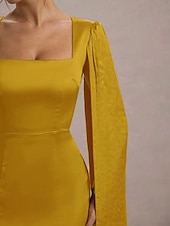 billiga Cocktailklänningar-Senapsgul Klänning Fåll Cape Klänning Havfru  Trumpet Cocktail Klänningar Elegant Klänning Formell Bröllop Gäst Klänning Te Längd Midi Längd Fyrkantig Halsringning Siden