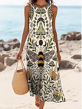 abordables Robes Boho-Femmes Robe maxi Robe trapèze Robe à épaules dénudées Vacances Occasionnel Boho Sortir Coupe Standard Fleuri Graphique Sans manches Col en U Jaune clair Bleu Été Printemps
