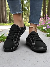 economico Sneakers da donna-Sneakers slip-on da donna in tela verde con lacci – comode scarpe da ginnastica senza schienale, ideali per passeggiate, shopping, corse a scuola e giornate estive informali