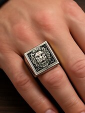 tanie Biżuteria męska-męski pierścionek z głową lwa z wysuwanym detalem i kwadratowym wzorem, modna biżuteria na okazje codzienne i formalne