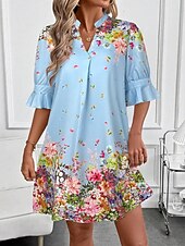 economico Abiti floreali-Per donna Mini Abito Abito a trapezio Vacanza Casual Boho All&#039;aperto Uscire Spiaggia Vestibilità standard Floreale Grafico Manica Corta Scollo a V Bianco Rosa Blu Verde Estate Primavera