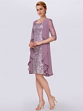 cheap With Jacket-Two Piece Sheath Mother of the Bride Dress Elegant Jewel Neck Knee Length Chiffon Lace Half Sleeve Wrap Included Jacket Dresses with Lace free custom size