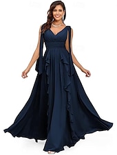 baratos Vestidos de Noite-Vestidos de Quinceanera A-Line Vestido Elegante Performance Natal Comprimento do Chão Sem Mangas Decote V Chiffon Costas Nuas com Pregas