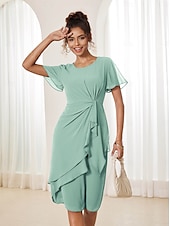 abordables Robes moulantes de soirée-Femmes Robe Midi Robe à Plusieurs Couches Élégant Formel Papillon robe demoiselle d honneur Cocktail Coupe régulière Uni Manche Courte Col ras du cou Vert cendré Été