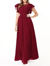 baratos Vestidos para Madrinhas-Vestido de dama de honra em corte A, gola redonda, manga longa, elegante, longo, chiffon com pregas / franzido 2025