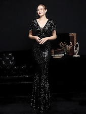 billige Semi-formell / Cocktail-Mermaid  trumpet quinceanera kjoler elegant kjole formell bryllup gulvlengde kortermet V-hals paljett med paljett