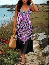 billiga Boho klänningar-Dam Maxiklänning A linjeklänning Sommarklänning Off Shoulder Klänning Semester Ledigt Fest Datum Normal Blommig Grafisk Stam Ärmlös Fyrkantig hals Rodnande Rosa Purpur Grön Sommar Vår