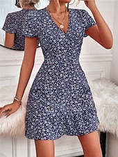 abordables Robes fleuries-Femmes Mini Robe Robe trapèze Occasionnel Extérieur Sortir Coupe Standard Fleuri Manche Courte Col en V Noir Rouge Bleu Abricot Été