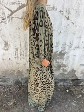 preiswerte Kleider für die Ferien-Damen Maxikleid A Linie Kleid Lässig Outdoor Ausgehen Normale Passform Leopard Langarm V Ausschnitt Weiß Himmelblau Dunkelgrün Grün Sommer