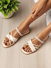 cheap Dress Sandals-Women&#039;s White Strappy Flat Sandals with Crisscross Design - Minimalist Slip-On Summer Shoes for Casual Dates and Everyday Outfits