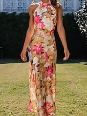 cheap Print Floral Dresses-Women's Long Dress Maxi Dress Floral Dress Halter Neck Dress Fashion Modern Vacation Going out Weekend Regular Fit Flower Sleeveless Halter Neck Yellow Pink Green Summer
