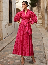 cheap Cocktail Dresses-A-Line Cocktail Dresses Elegant Dress Formal Wedding Floor Length 3/4 Length Sleeve Shirt Collar Pocket Satin with Floral Print Bow(s) Slit Wedding Guest Dress 2025