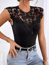 billiga Enkel linne-Dam Camisole linne Ensfärgat Elegant Dagligen Stylish Ärmlös Rund hals Vanliga toppar Dagligen Ihålig Svart Sommar Vår