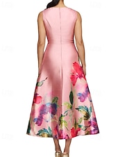 abordables Robes de cocktail-Robe Cocktail A-Line Élégante Robe Formelle Soirée Fête Longue Écourtée Sans Manches Décolleté en V Satin avec Imprimé Floral Robes Robe Invitée de Mariage