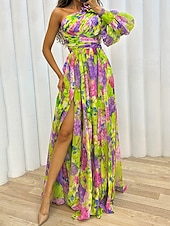 cheap Elegant Floral Dresses-Women&#039;s Long Dress Maxi Dress Casual Dress Floral Dress Fashion Elegant Dress Outdoor Party Holiday Regular Fit Flower Sleeveless Cold Shoulder Yellow Blue Green Summer