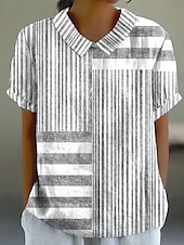 preiswerte Damen Streifen- und geometrische Oberteile-Damen Bluse Grafik Gestreift Vintage Stilvoll Lässig Kurzarm Hemdkragen Normale Oberteile Arbeit Täglich Druck Blau Purpur Grau Sommer Frühling