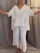 abordables Ensembles-Femmes Actif Mode Chemises en coton et lin Chemisier Ensembles de Pantalons manche longue Col en V Couleur Unie Paillettes Vacances Décontracté Quotidien Noir Blanche Rouge Été Coupe régulière