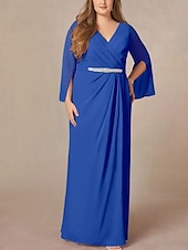 preiswerte Bodenlänge-A-Linie Brautmutterkleid Hochzeitsgast Elegant V Ausschnitt Bodenlang Chiffon Spitze Langarm mit Falten Perlenstickerei Raffung 2025