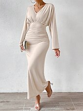 preiswerte Bodenlänge-Kleid Brautmutterkleid Elegant V Ausschnitt Bodenlang Jersey Langarm mit Gerafft 2025