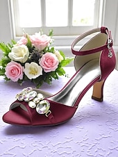 cheap Cocktail-Women&#039;s Black Satin Open Toe Heels with Ankle Strap and Crystal Gemstone Embellishment- Elegant Mid Heel Sandals for Cocktail Party &amp; Evening Wedding Reception and Formal Events