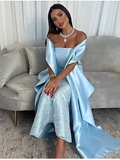 cheap BLUE-Sky Blue Beaded Gown Cape Dress Sheath / Column Evening Gown Elegant Dress Semi Formal Wedding Wedding Guest Dress Floor Length Sleeveless Strapless Satin