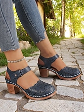 cheap Block Heel Pumps-Women's Cutout Faux Leather Block Heel Sandals with Adjustable Strap – Comfort Shoes for Daily Commute, Garden Party, Farmers Market &amp; Boho Summer Outings