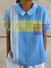 cheap Stripe&amp;Geometric Tops-Women&#039;s Blouse Graphic Geometric Striped Elegant Daily Stylish Short Sleeve Shirt Collar Regular Tops Work Daily Holiday Lace Yellow Blue Orange Summer Spring