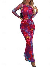 olcso Elegáns virágos ruhák-Női Midi ruha Boho esküvői vendégruha Elegáns Csehország Szexi Bodycon ruha Nyomtatott Hosszú ujj Terített nyak Világossárga Világos rózsaszín Bíborvörös aqua kék Tavasz Ősz