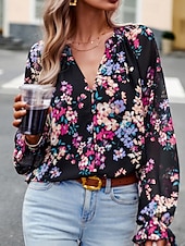 billige Boho topper-Dame Boho skjorte Bluse Blomsternål i krystall Moderne Bohem Langermet V-hals Vanlige topper Daglig Ut på byen Trykt mønster Svart Navyblå Blå Aprikos Sommer