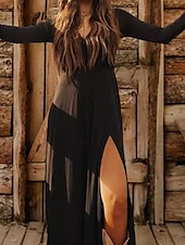 preiswerte Ausgefallene Kleider-Damen Langes Kleid Maxikleid Freizeitkleid Klassisch Modern Outdoor Urlaub Ferien Normale Passform Einfach Langarm V Ausschnitt Schwarz Sommer
