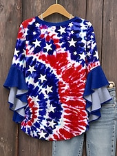 cheap Independence Day Top-Women&#039;s Patriotic  Blouse Layered Ruffle Sleeve Tops Graphic Flag Bohemia Vintage Ethnic 3/4 Length Sleeve V Neck Tops Daily Holiday Vacation Wear Print Red Royal